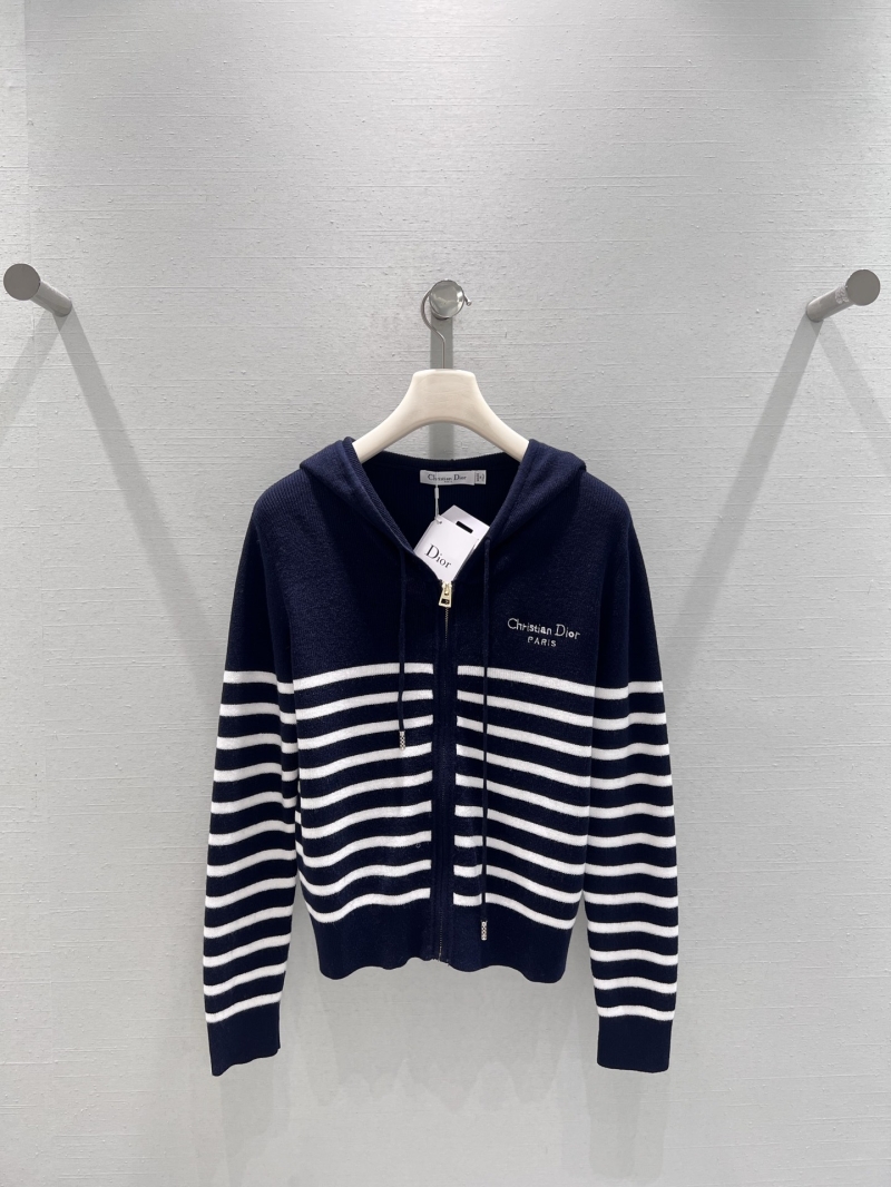 Christian Dior Paris Nautical Hooded Zip-Up Sweater in Navy & White Stripes, Luxe Knit Fabric with Gold-Tone Zipper