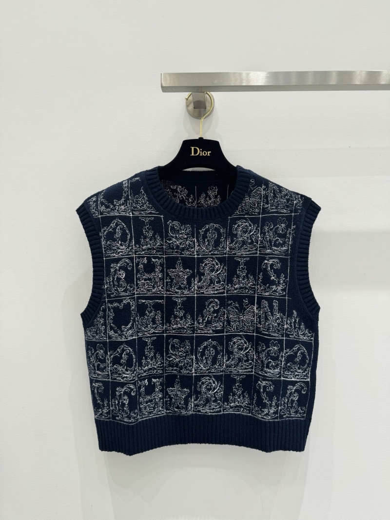 Christian Dior Navy Blue Storybook Knit Vest | Embroidered Cropped Sleeveless Top | SML