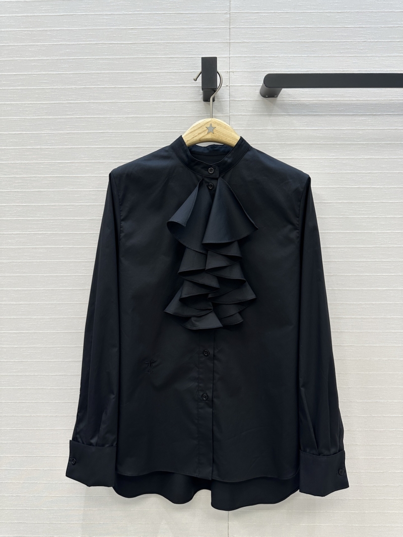 Dior Opulent Black Ruffled Stand-Collar Blouse with Tailored High-Low Hem