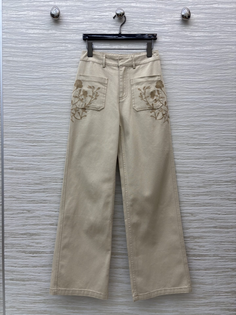Dior Wide-Leg Trousers - Exquisite Botanical Embroidery, Distressed Creamy Tan Denim for an Elevated, Timeless Look