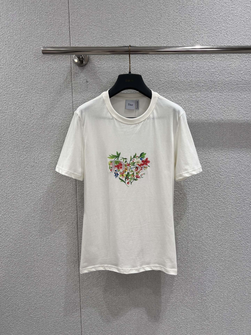 Dior Heart Floral Embroidery High-Count Cotton T-Shirt in White