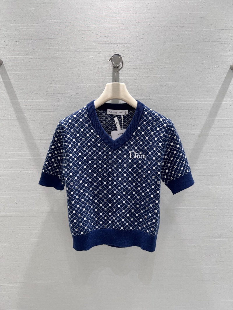 Christian Dior Argyle Jacquard V-Neck Knit Short-Sleeve Top in Navy Blue and White