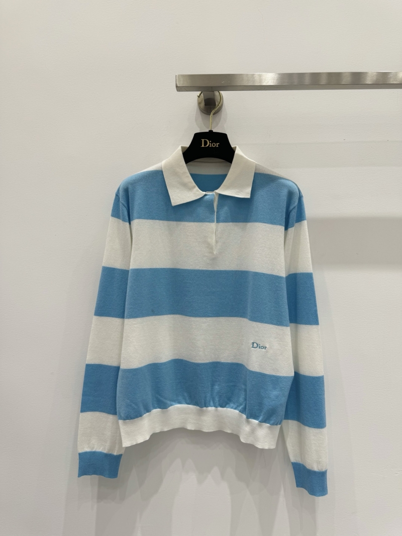 Dior Signature Striped Knit Polo Jumper | Contrasting Collar, Fine Knit, Sky Blue Stripe