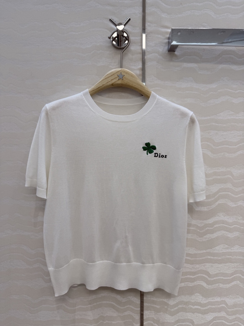 Dior Garden World Tencel Wool Embroidered Four-Leaf Clover Short-Sleeved Knit Sweater - Cream