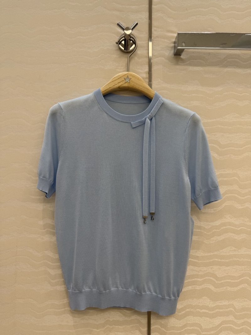 Dior Garden World Collection Mulberry Silk Bow-Tie Short-Sleeved Knit Sweater in Ice Blue