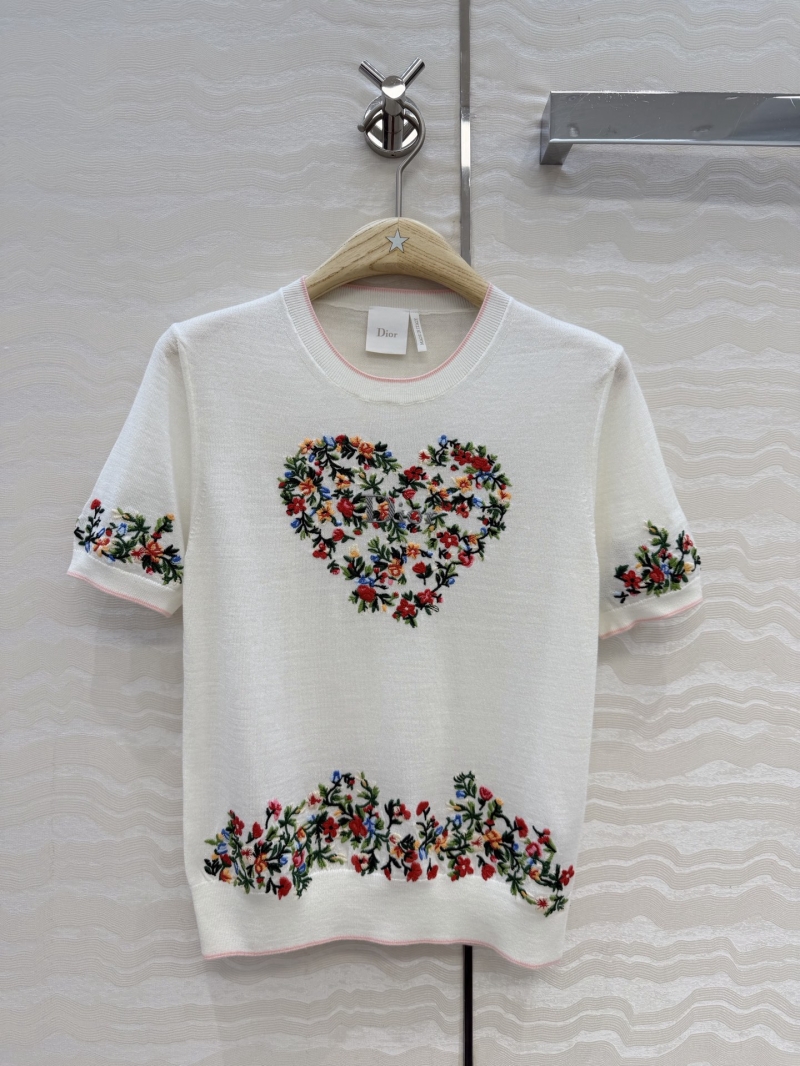Dior Miss Dior Garden World Embroidered Wool Knit Short-Sleeve Sweater in Cream