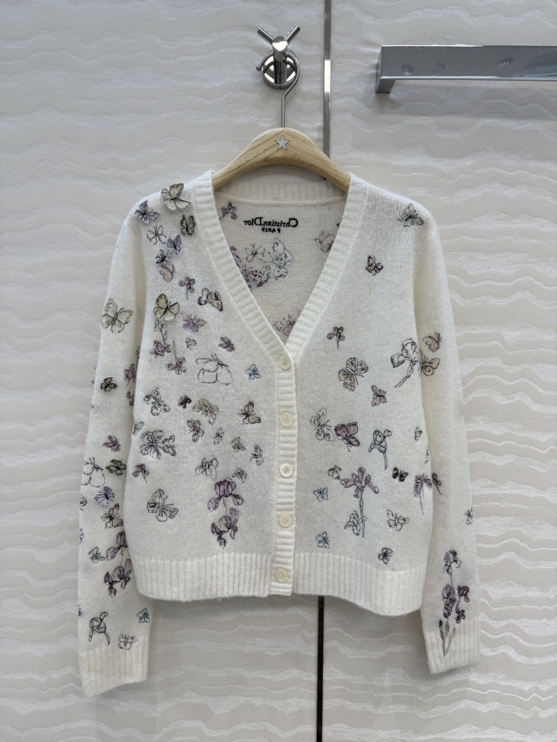 Dior Mulberry Silk and Mohair Blend 3D Butterfly Embroidery V-Neck Cardigan in Cream