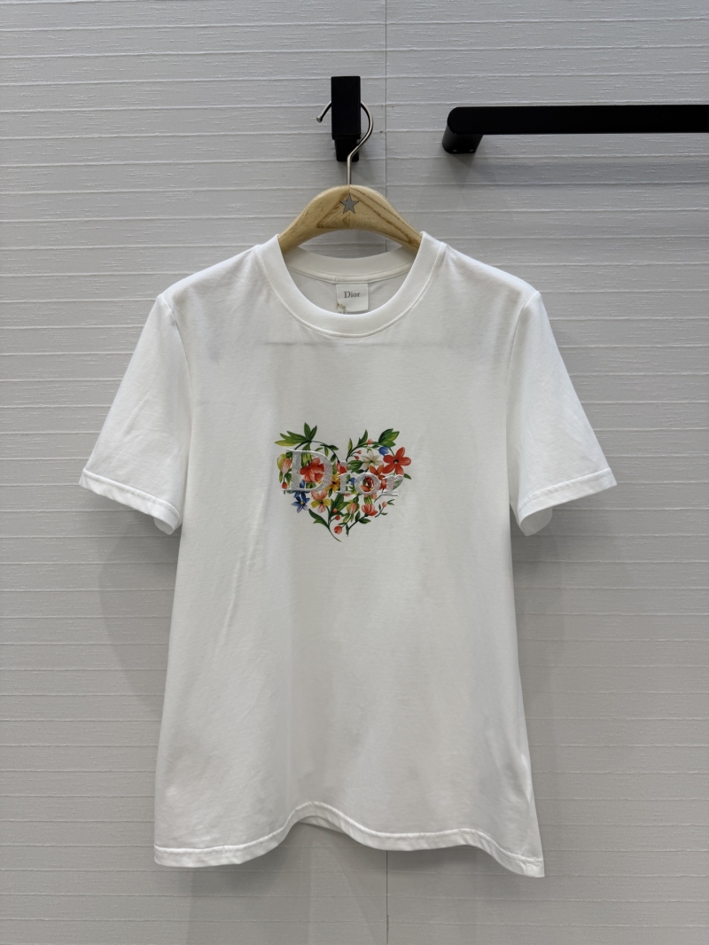 Dior 100% Pure Cotton Floral Heart Embroidered Crewneck T-Shirt in White