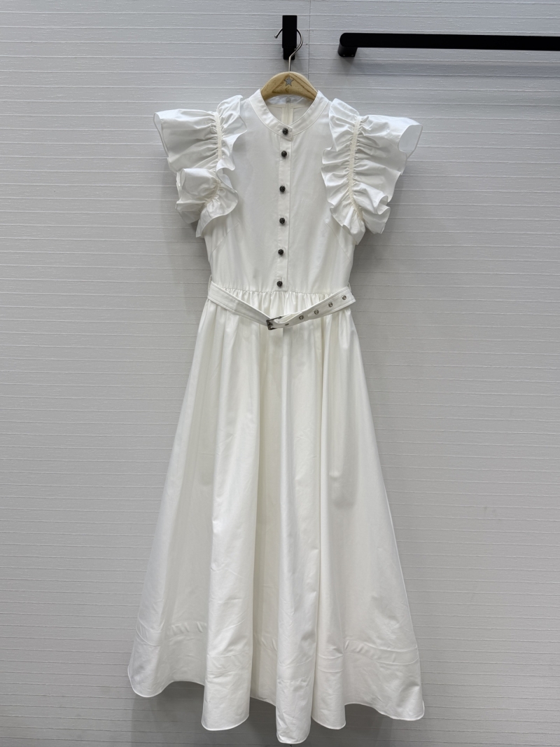 Dior Signature Pleated Ruffle Sleeve White Cotton-Blend Maxi Dress