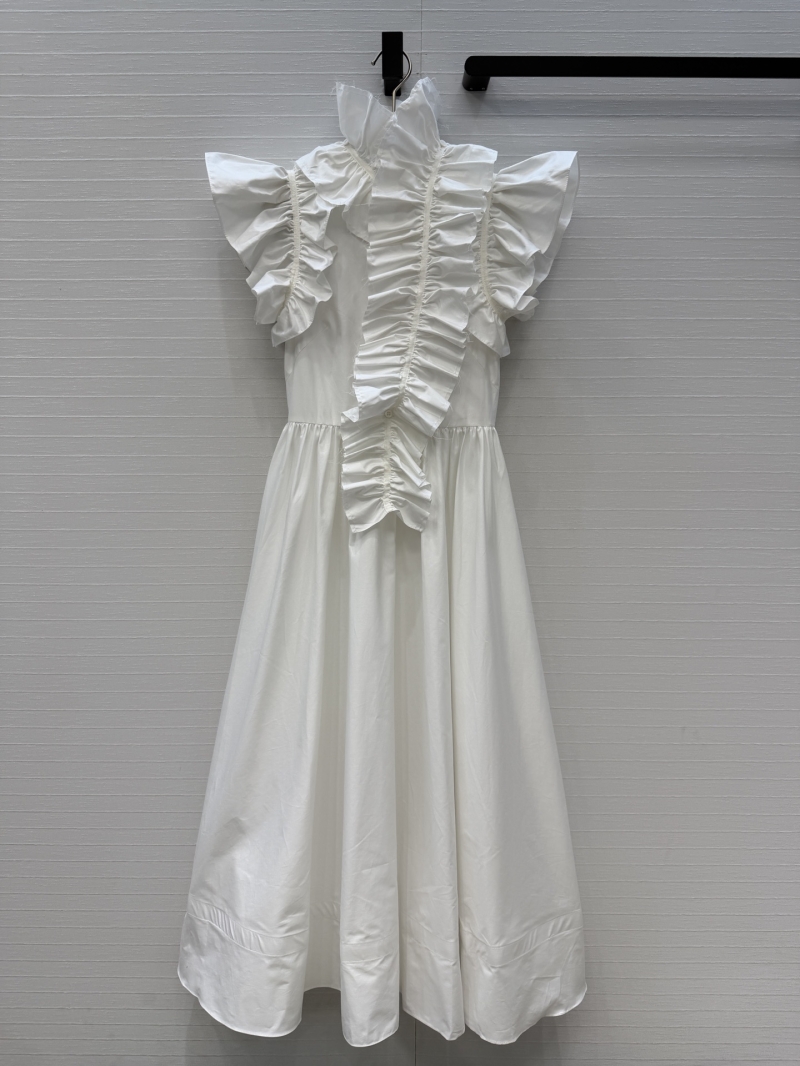 Dior Premium Cotton Poplin Ruffled Stand-Collar Vintage Maxi Dress in White