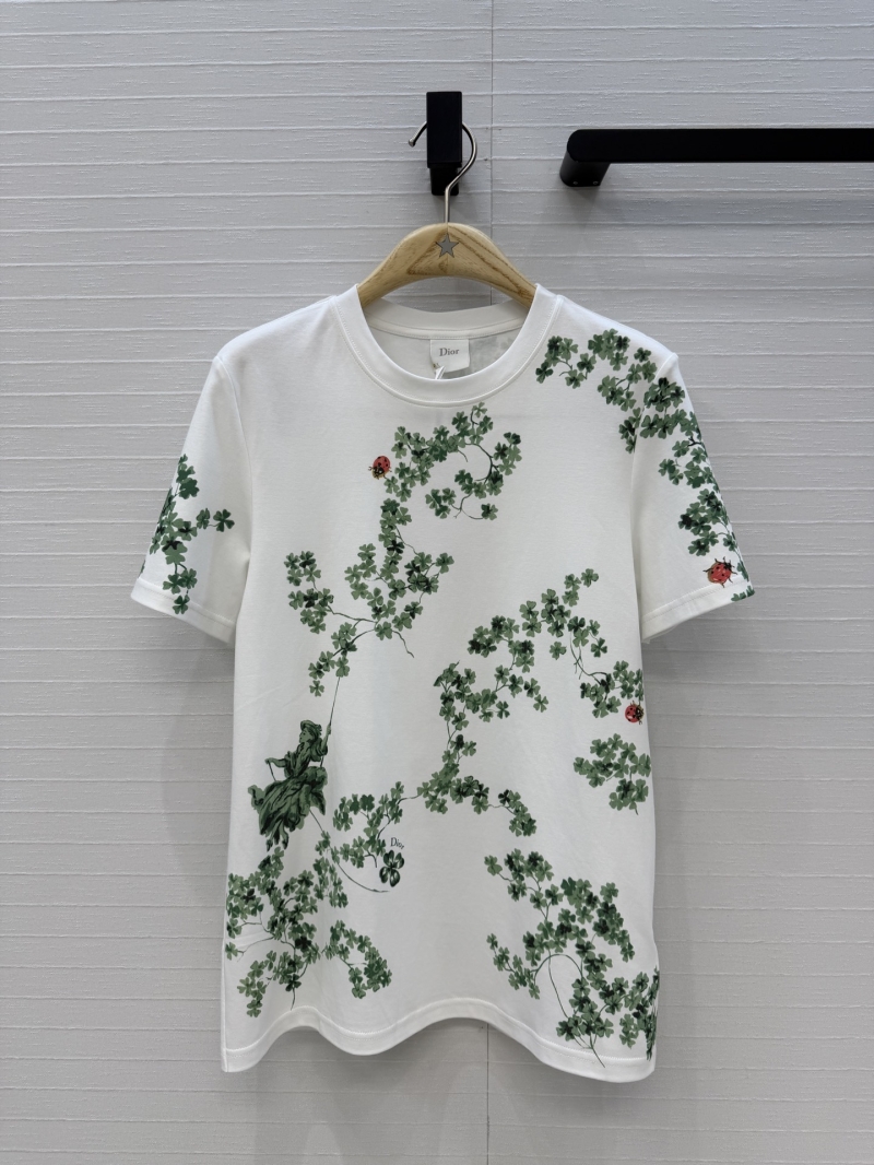 Dior 100% Pure Cotton Four-Leaf Clover and Ladybug Print T-Shirt in White