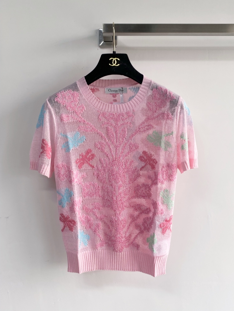 Christian Dior Pastel Pink Jacquard Floral Short-Sleeved Knit Top
