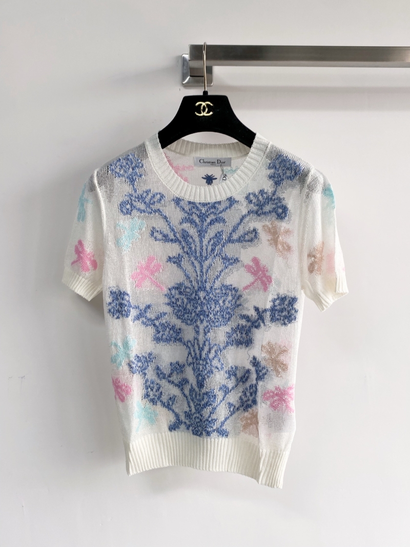 Christian Dior Ornamental Floral Damask Knit Short-Sleeve Top - White/Blue