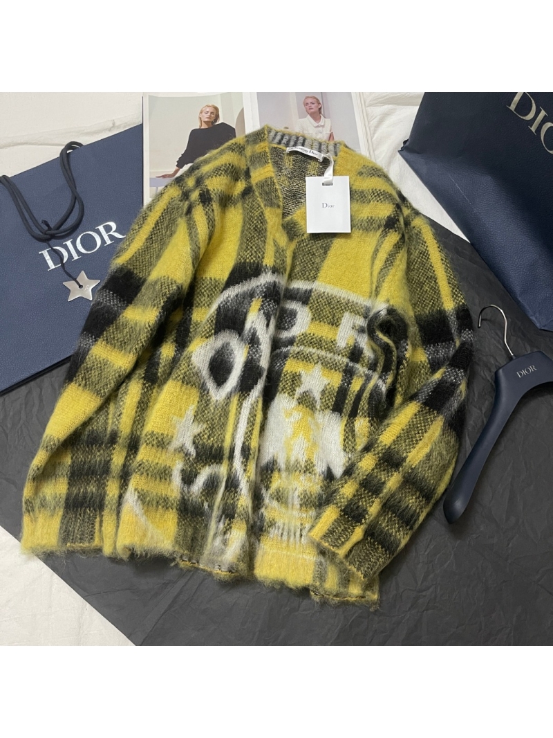 Dior Yellow and Black Checkndior Mohair Blend Oversized V-Neck Cardigan