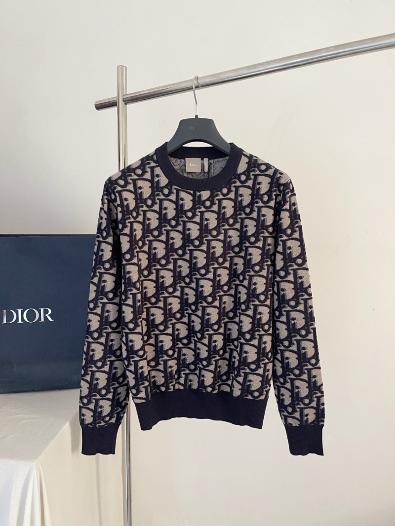 Dior Oblique Motif Jacquard Wool Crewneck Sweater in Navy Blue and Beige