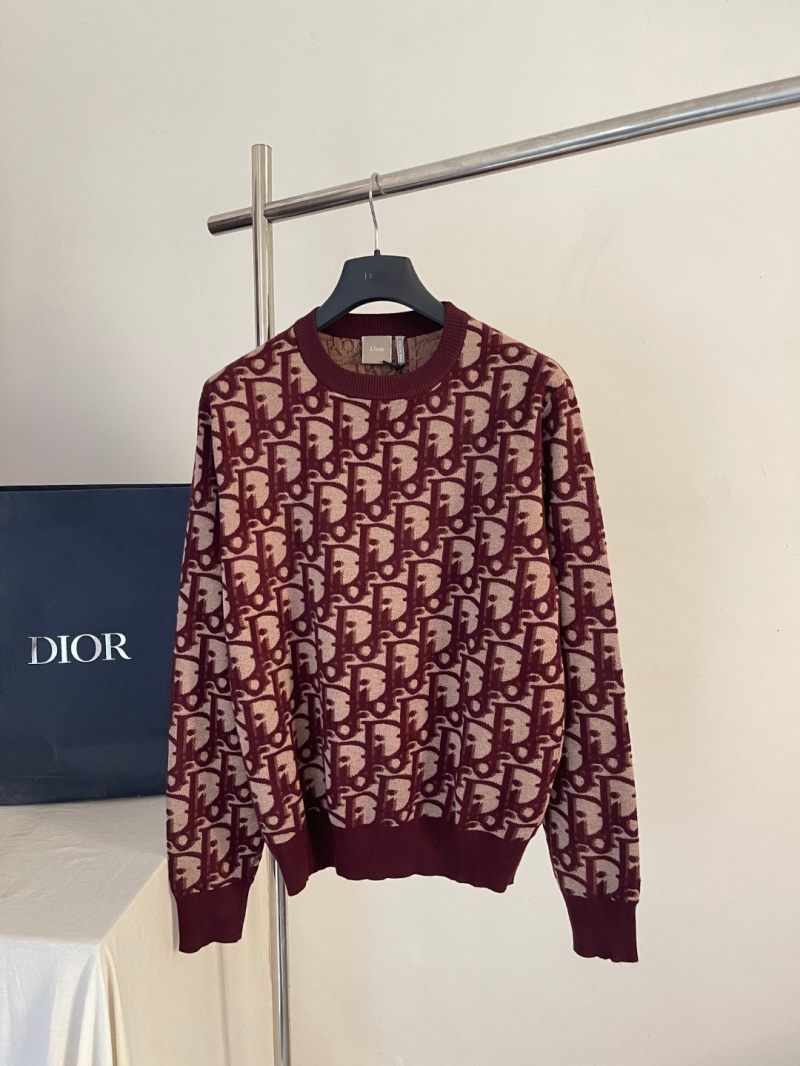 Dior Oblique Jacquard Wool Crewneck Sweater in Burgundy and Beige