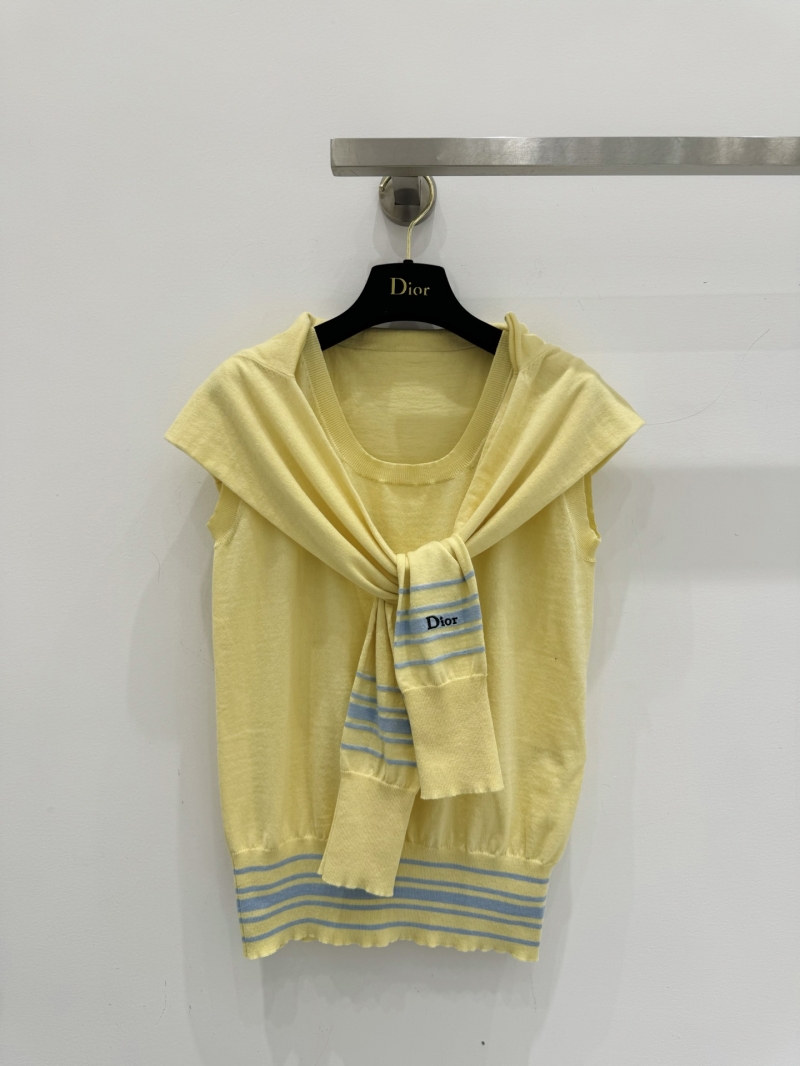 Dior Pale Yellow Cashmere and Silk Knitwear Set with Dusty Blue Stripes