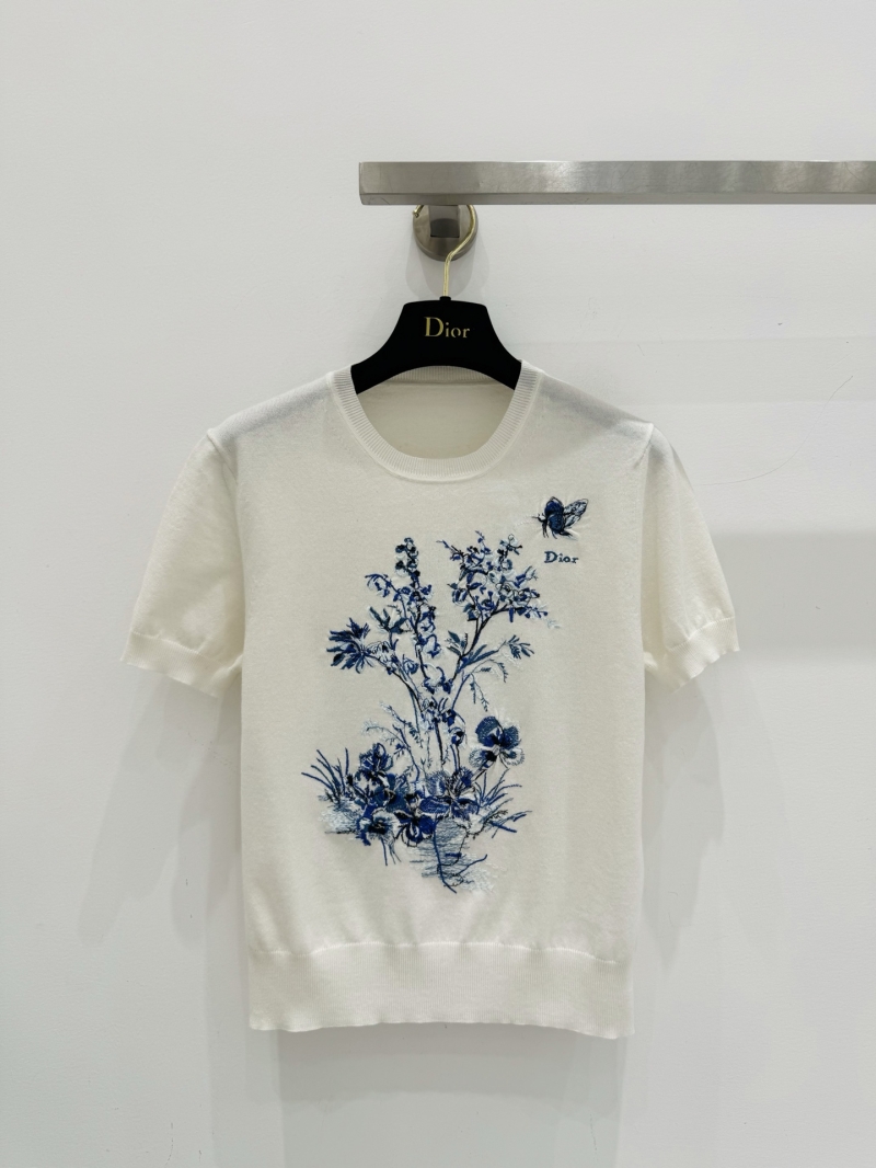 Dior Floral Embroidered Cashmere Silk Short-Sleeved Knit Top in Ivory