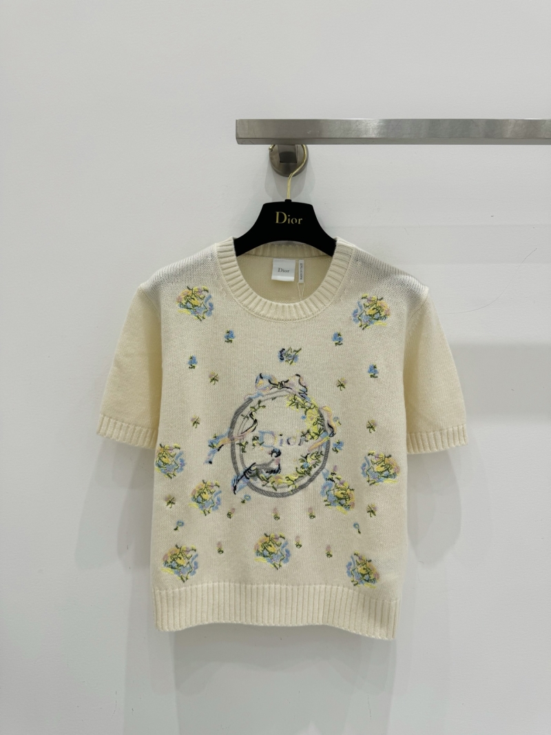 Dior Floral Wreath Embroidery Short-Sleeved Wool Cashmere Sweater in Ecru