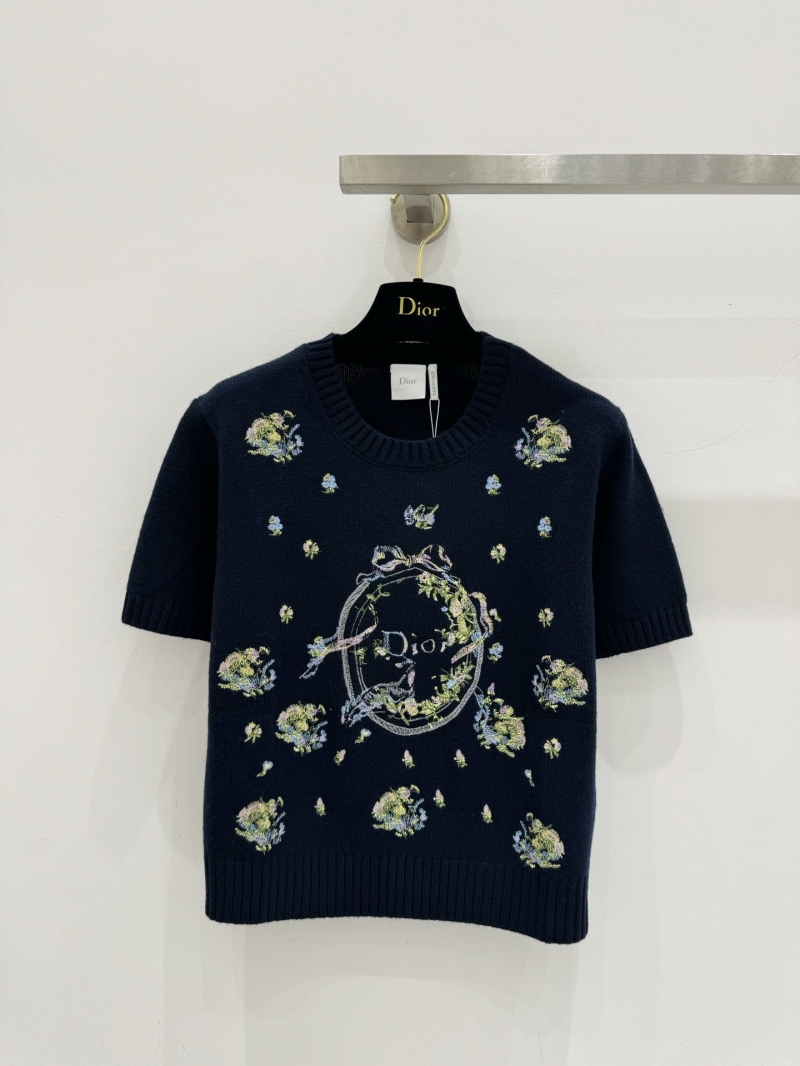 Dior Floral Embroidered Wool-Cashmere Short-Sleeved Sweater in Navy Blue