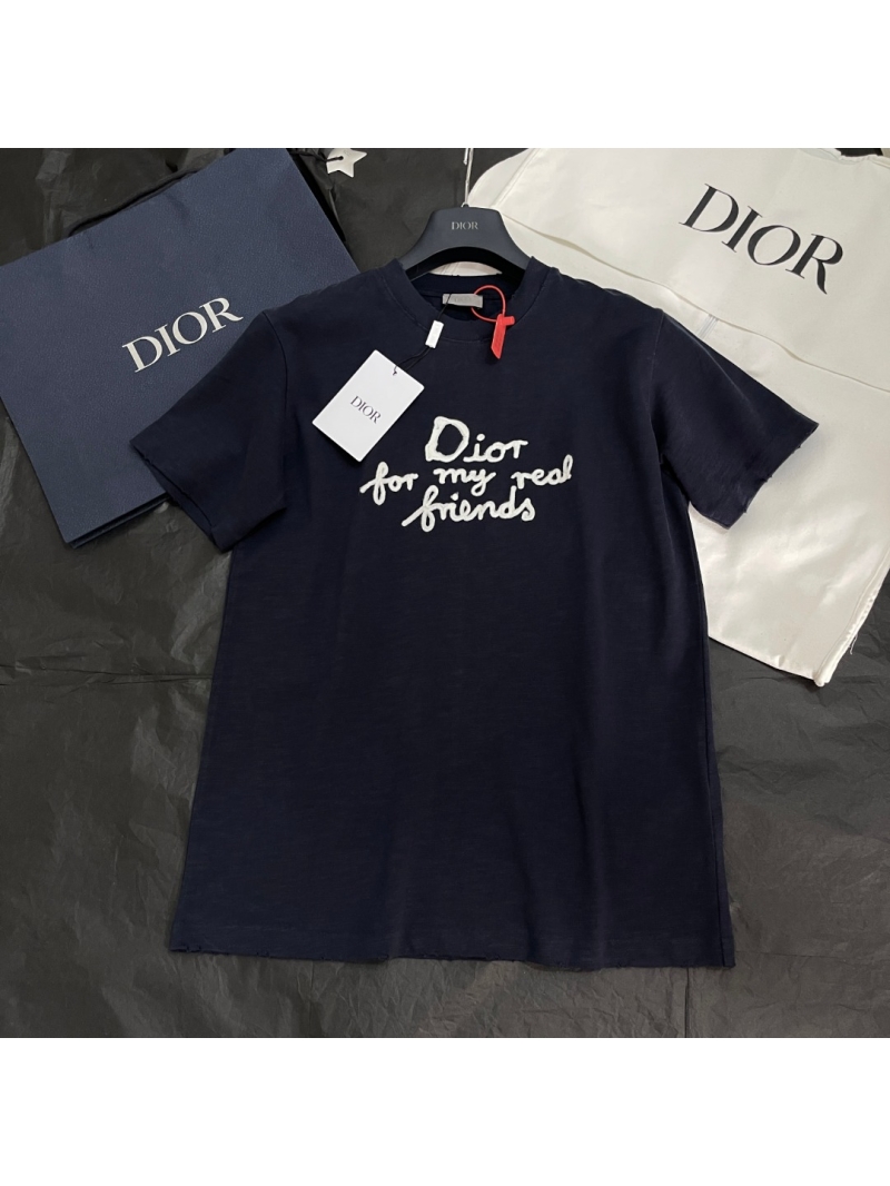 Dior Signature Towel Embroidery Distressed Navy Blue T-Shirt