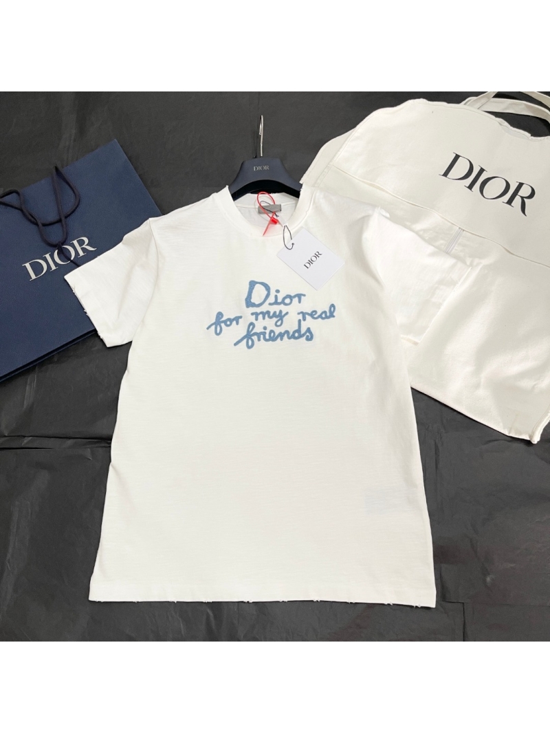 Dior Signature Towel Embroidered Distressed T-Shirt in Off-White