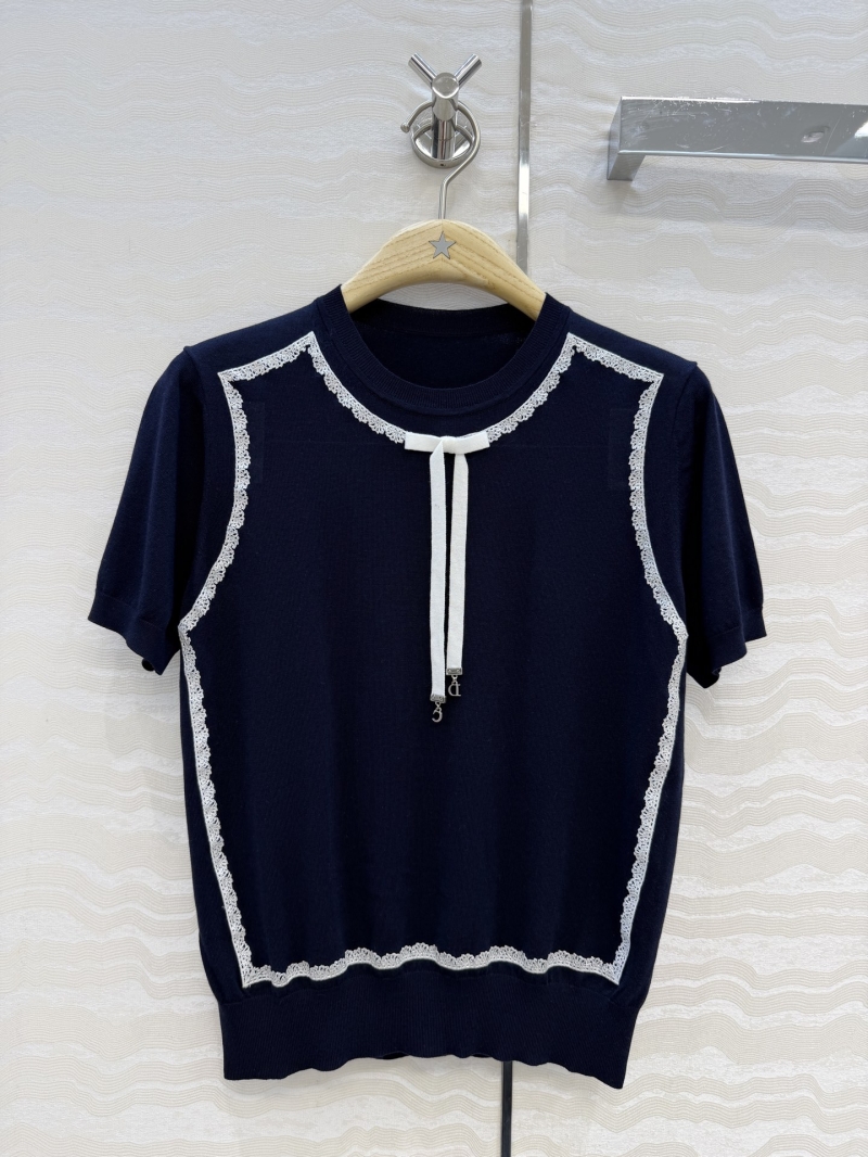 Dior Miss Dior Silk Knit Short-Sleeve Sweater with Ribbon Detail