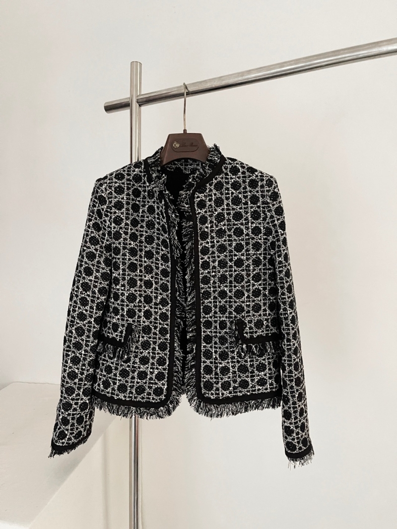 Dior Textured Tweed Cropped Jacket with Mulberry Silk Lining in Black and White