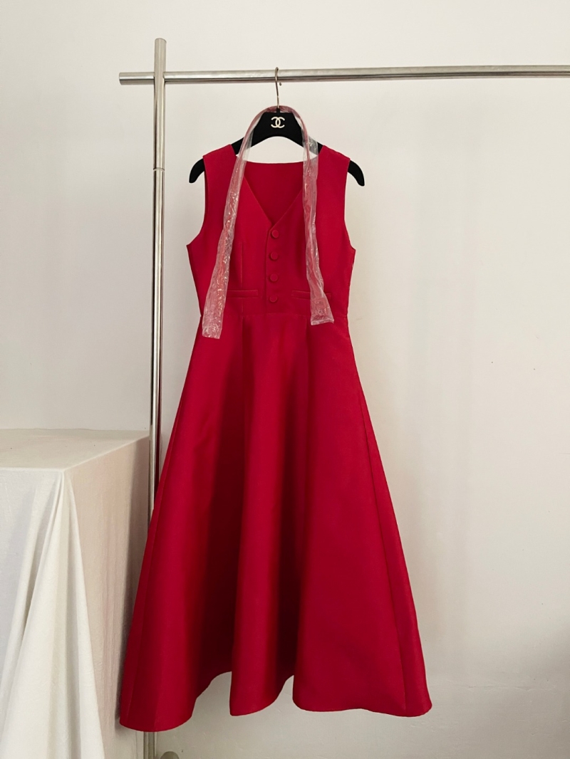 Dior Limited Edition Wool & Mulberry Silk V-Neck Vest Maxi Dress in Scarlet Red