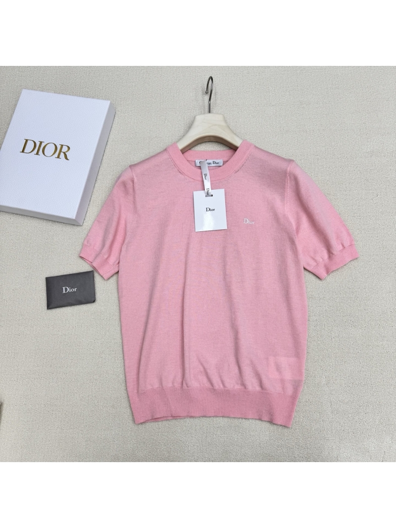 Dior Signature Embroidered Virgin Wool Knit Short-Sleeved Top in Pastel Pink