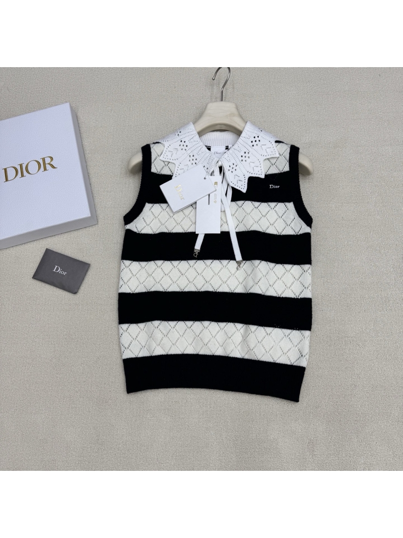 Dior Sleeveless Striped Knit Vest with Eyelet Lace Collar - Black/White