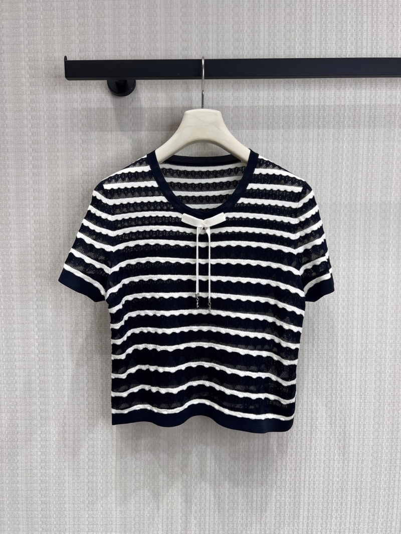 Dior Navy Contrast Scalloped Stripe Knit Short Sleeve Top with Bow Detail