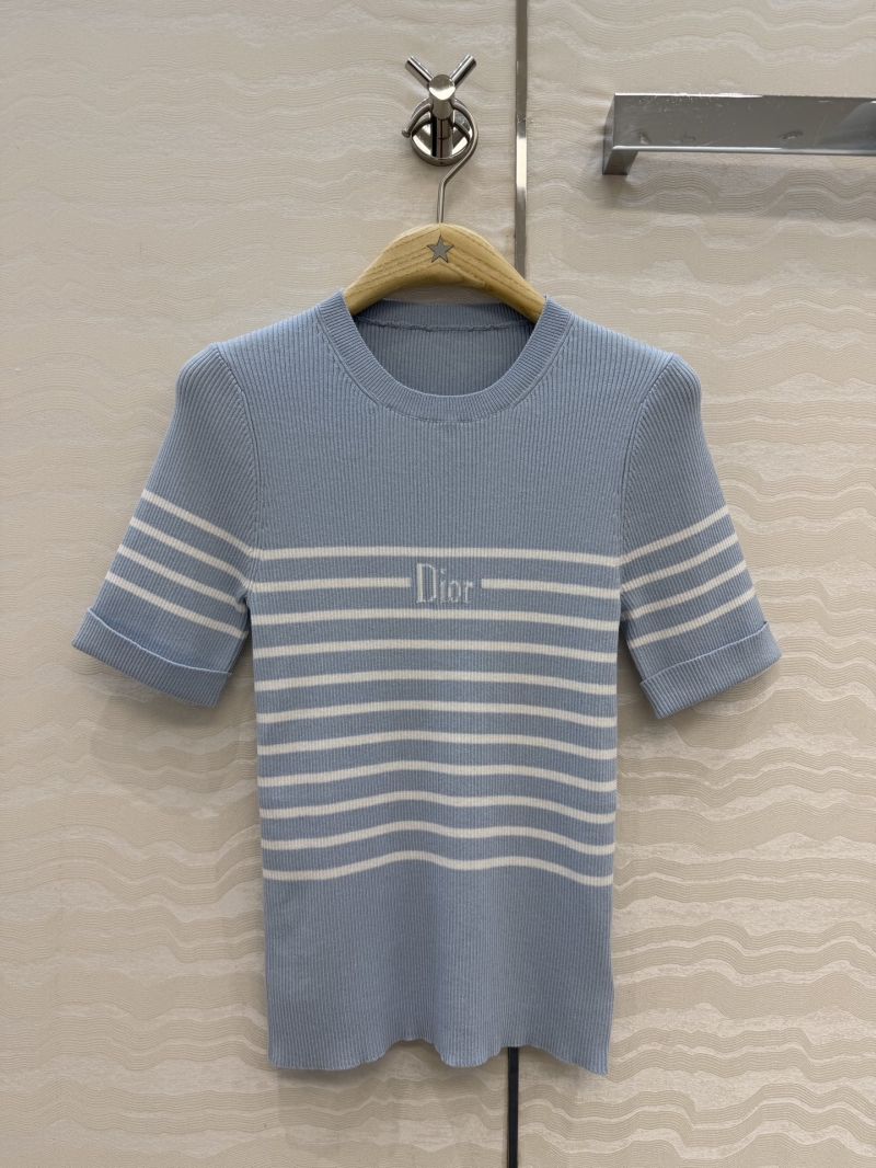 Dior Pure Cotton Nautical Striped Short-Sleeve Knit Top in Blue and White