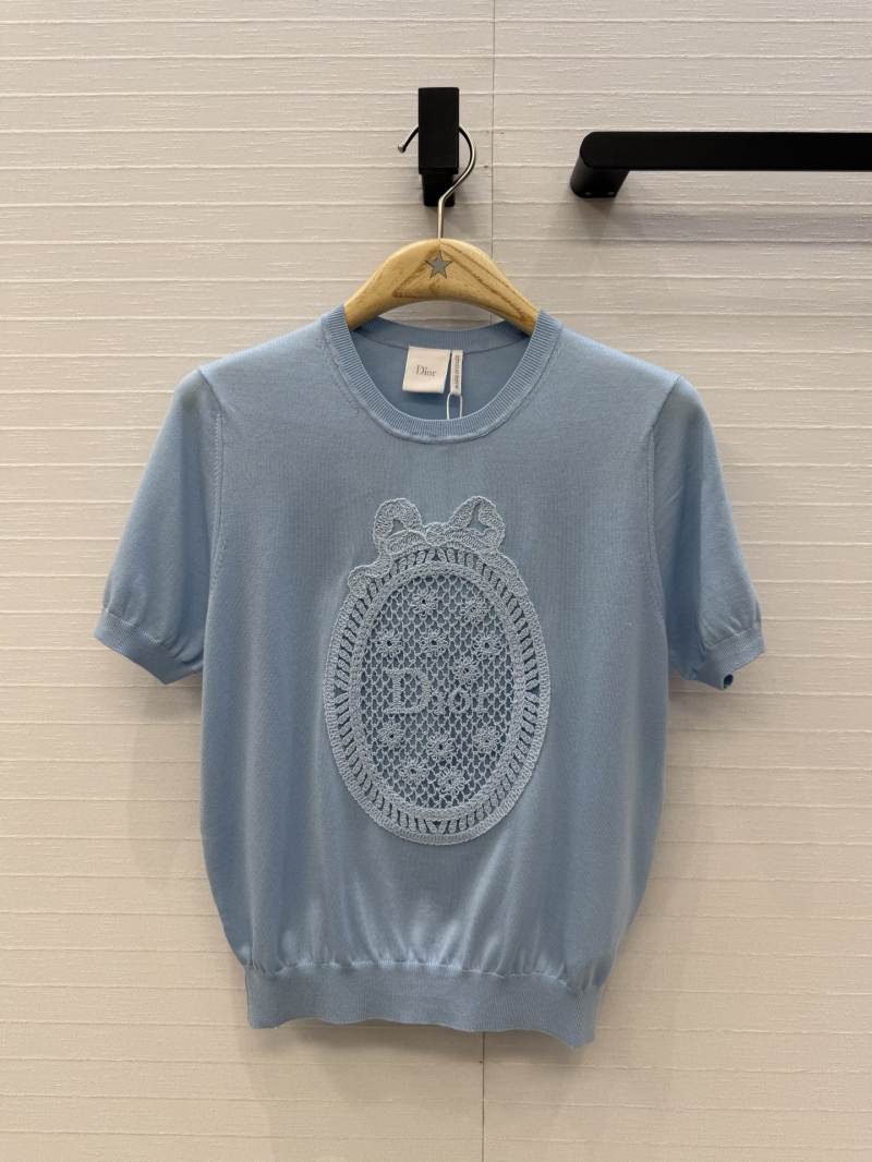 Dior Garden World Collection Sky Blue Fine-Gauge Knit Top with French Openwork Embroidery