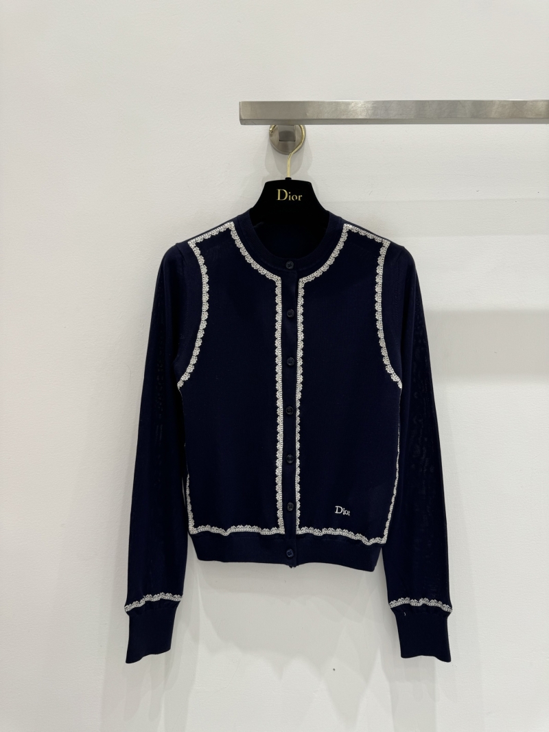 Dior Navy Blue Scalloped Trim Knit Cardigan - Exquisite Fine-Gauge Embroidery