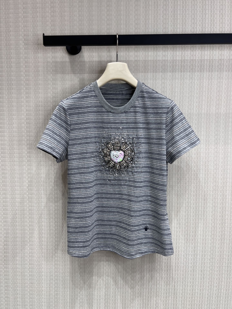 Dior Classic Grey Striped T-Shirt with Embellished Heart and Bee Embroidery