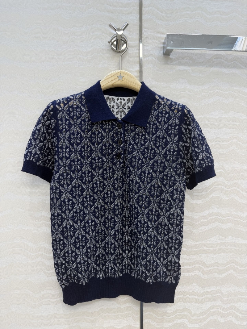 Dior Miss Dior Diamond Open-Work Knit Polo Sweater in Navy and White
