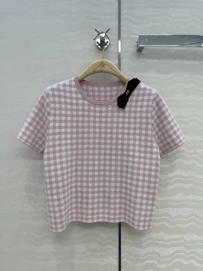 Dior Miss Dior Houndstooth Custom Yarn Short-Sleeve Knit Top in Pastel Pink