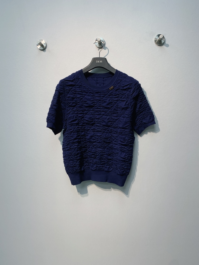 Dior Smocked Short-Sleeve Knit Top in Navy Blue &ndash; 2026SS Collection