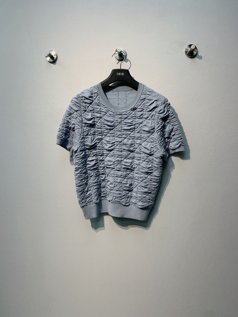 Dior Textured Short-Sleeved Top in Ice Blue - Exquisite Puckered Knit, Signature CD Logo, Quiet Luxury Summer Essential