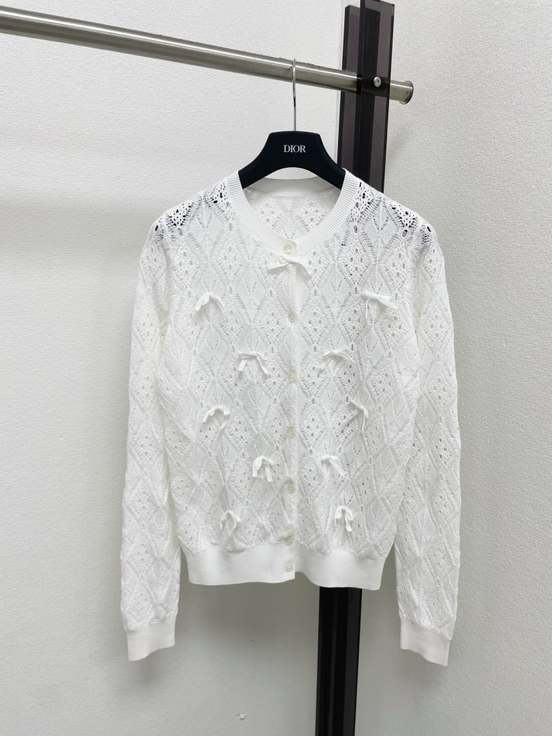 Dior Exquisite Open-Work Knit Ribbon Bow Cardigan in Bright White