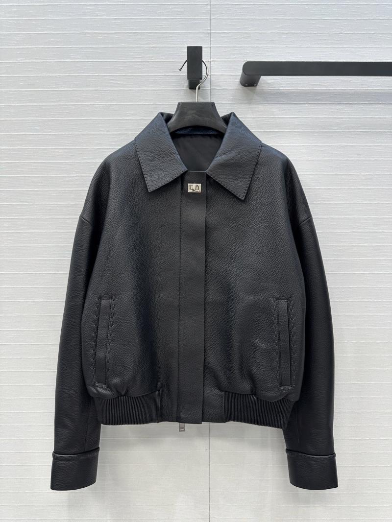 Fendi Luxe Lambskin Leather Jacket with Metal Button Detail - Black