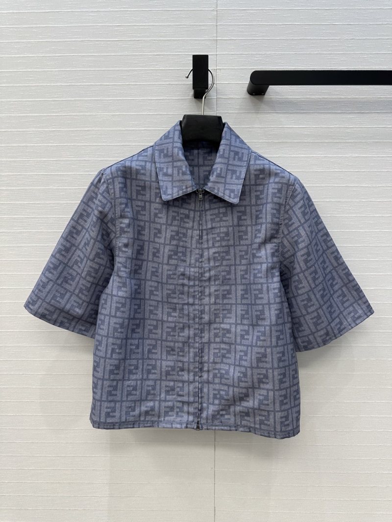 Fendi Classic FF Logo Print Blue Short Sleeve Jacket - Luxe Cotton Linen