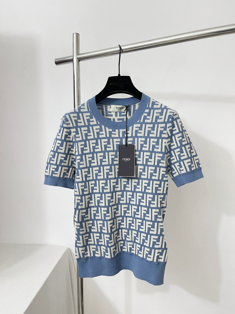 Fendi Signature FF Logo All-Over Print Light Blue Knit Short-Sleeve Sweater