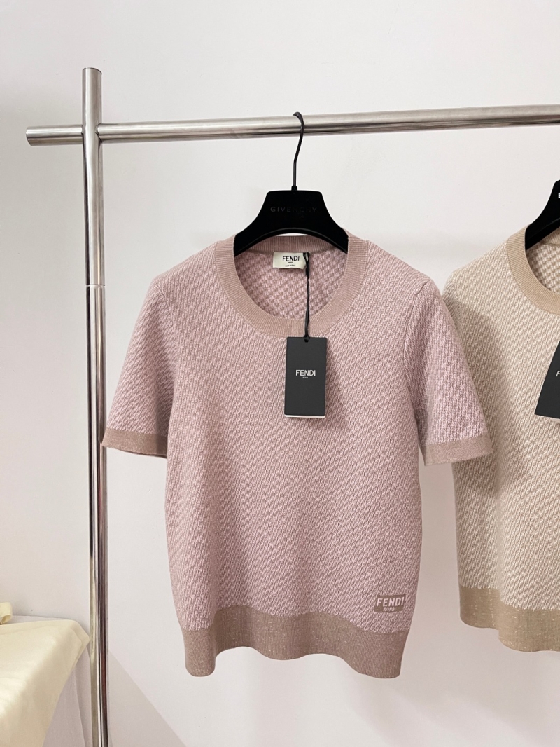 Fendi Apricot Knitted Wool Short-Sleeve Top with FF Embroidery, Ribbed Trim, and Slim Fit