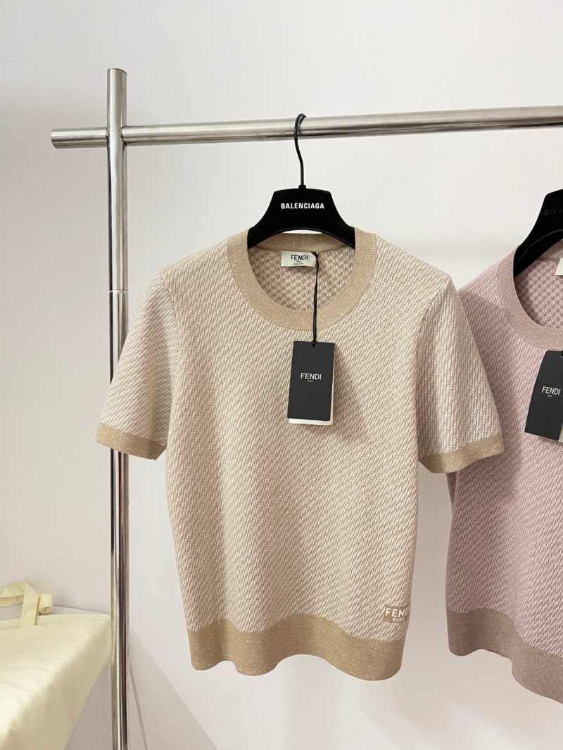 Fendi Knitted Wool Short Sleeve Top in Soft Pink | Luxe Custom Wool Fabric with All-Over FF Embroidery