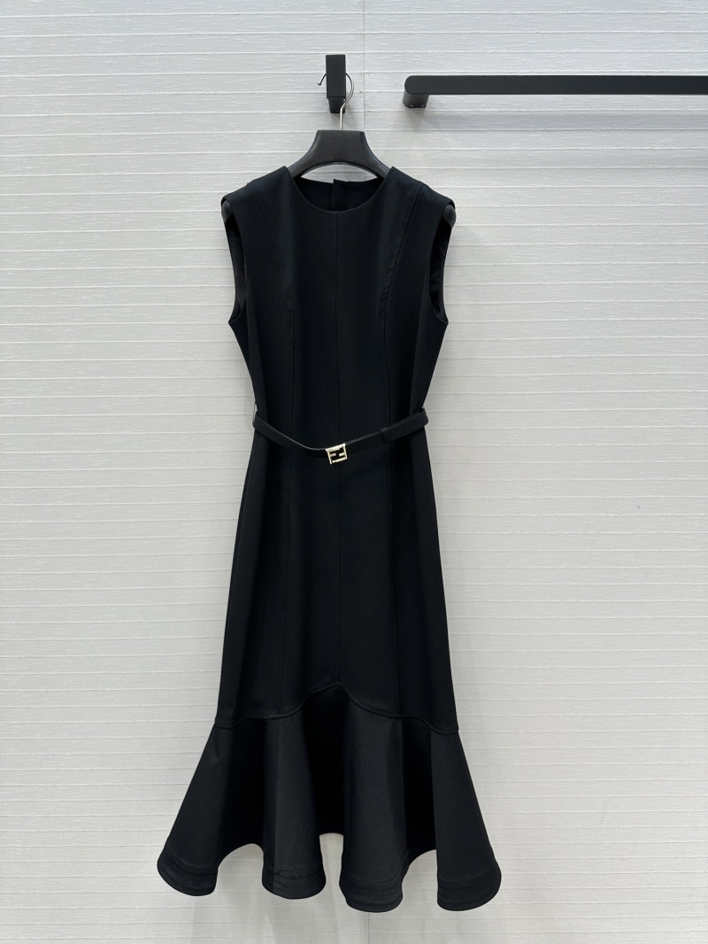 Fendi Women's Black Midi Dress, Exquisite Tailored Silhouette with Flared Hem, Luxe Sleeveless Design, Elegant and Feminine