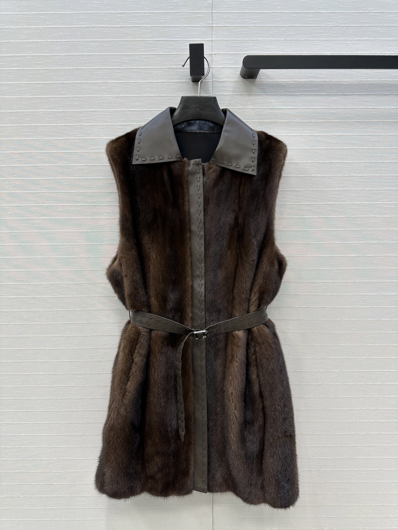 Fendi Limited Edition Mink Fur Vest, Handcrafted with Leather Collar & Waist Tie, Luxe Brown, Timeless H-Silhouette