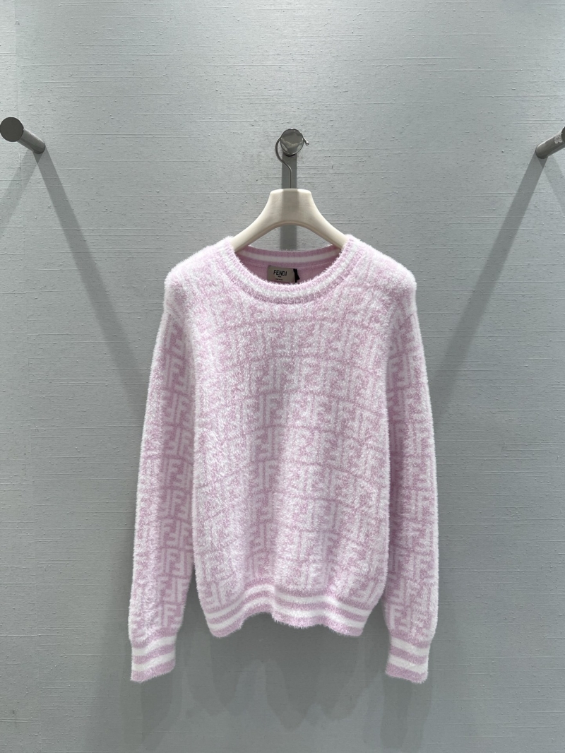 Fendi FF Monogram Knit Sweater, Soft Pastel Pink, All-Over Zucca Pattern, Ribbed Trim