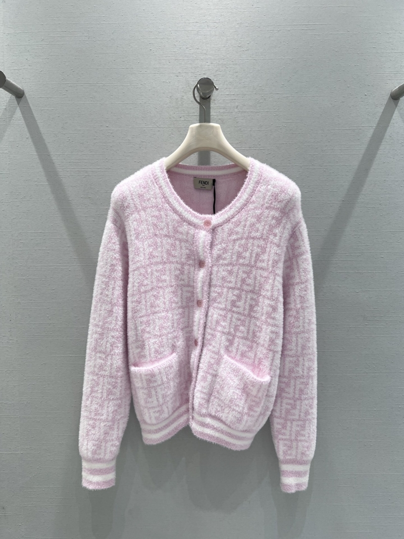 Fendi Women's Knit Cardigan - Pastel Pink with FF Monogram, V-Neck, and Contrast Trim